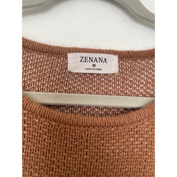 Women's Zenana Size Medium Tan Brown Distressed Star Sweater - Picture 3 of 7